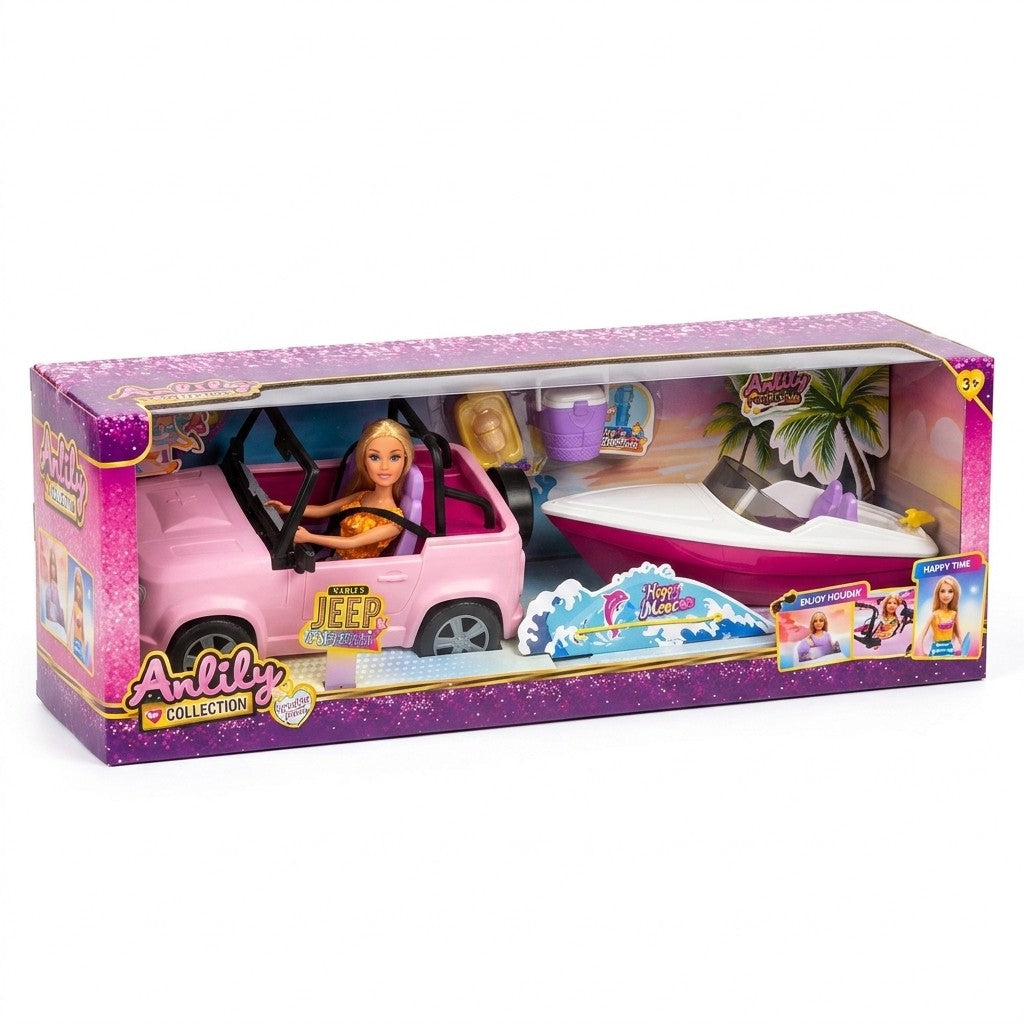Coffret Anlily dans son emballage : poupée, jeep tout-terrain rose et bateau rapide avec accessoires