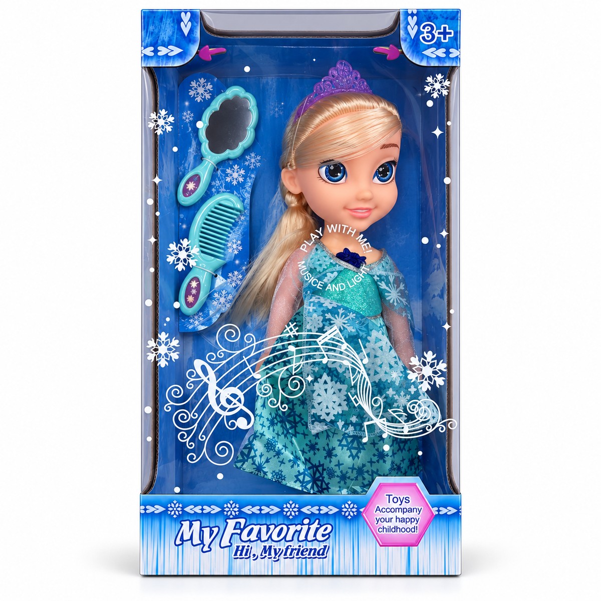 Poupée princesse des neiges en robe bleue à flocons avec diadème, miroir et peigne dans sa boîte