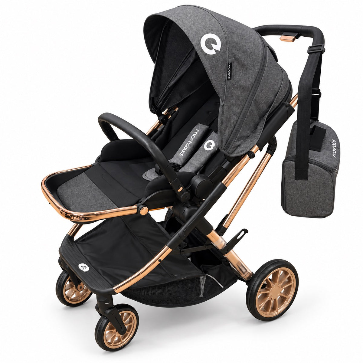 Poussette premium monbébé gris chiné à châssis or rosé, assise réversible, grandes roues à rayons et sac de transport assorti