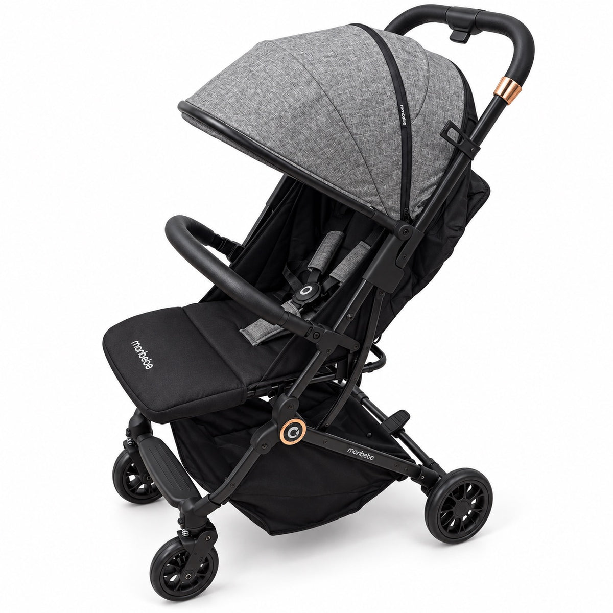 Poussette compacte monbébé gris chiné et noir avec arceau amovible, capote extensible et finitions or rosé
