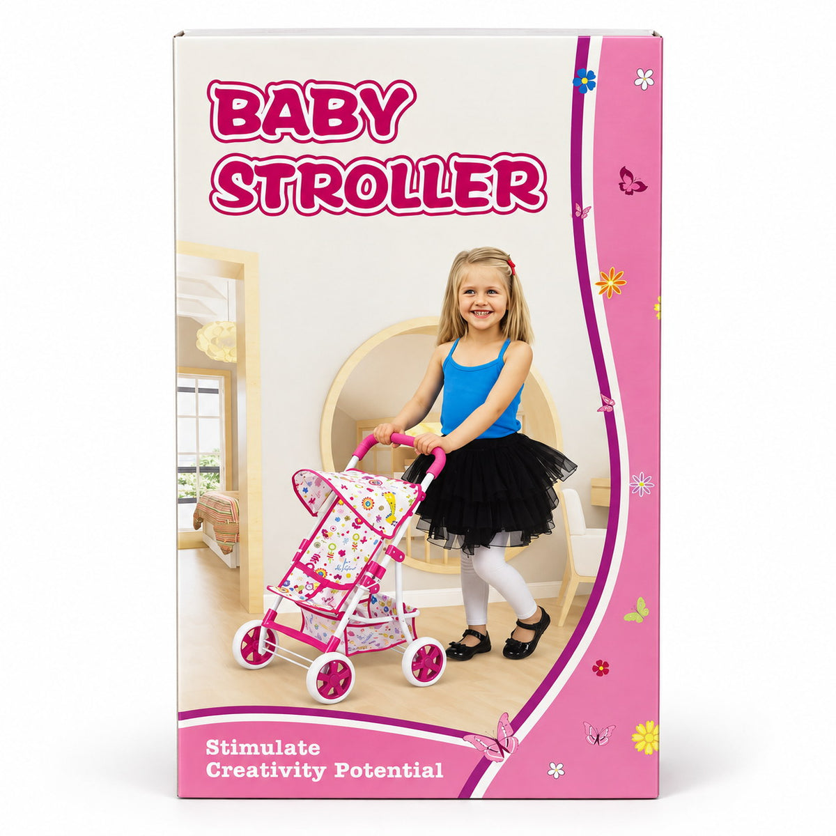 Emballage Baby Stroller poussette pour poupée rose avec petite fille qui la promène