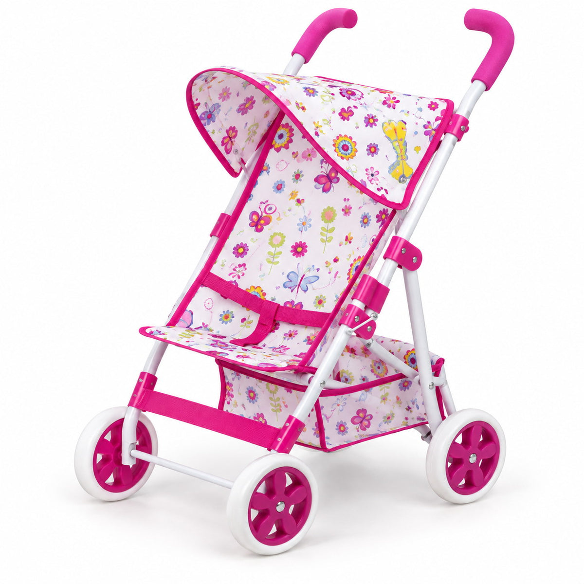 Poussette canne pour poupée rose à motif fleurs et papillons avec capote, ceinture de sécurité, panier de rangement et roues fleurs