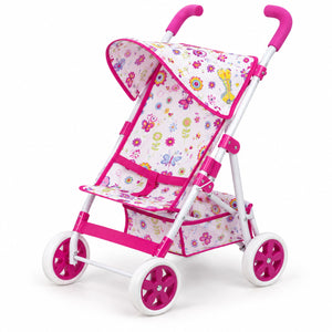 Poussette canne pour poupée rose à motif fleurs et papillons avec capote, ceinture de sécurité, panier de rangement et roues fleurs