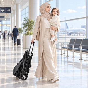 Maman tirant la poussette pliée comme une valise dans un aéroport