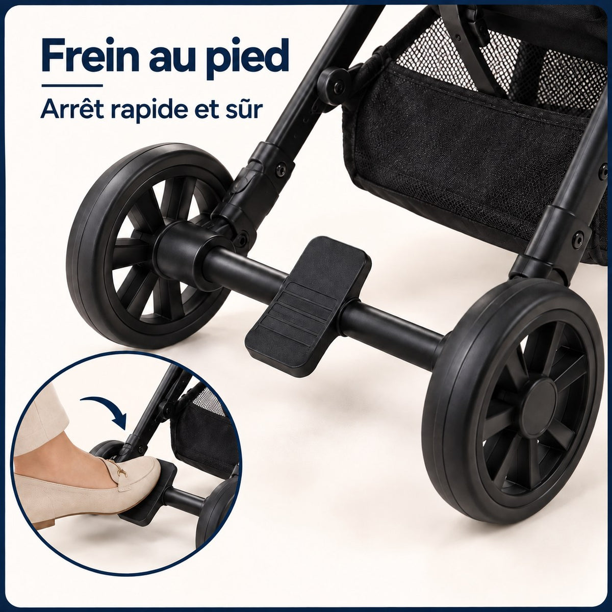 Frein au pied de la poussette valise cabine, arrêt rapide et sûr