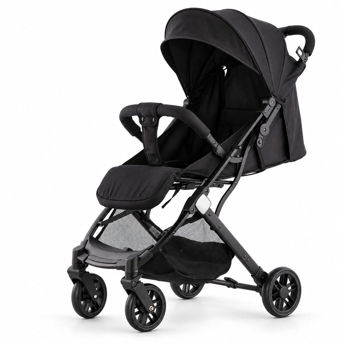 Poussette valise cabine noire dépliée, vue de trois quarts