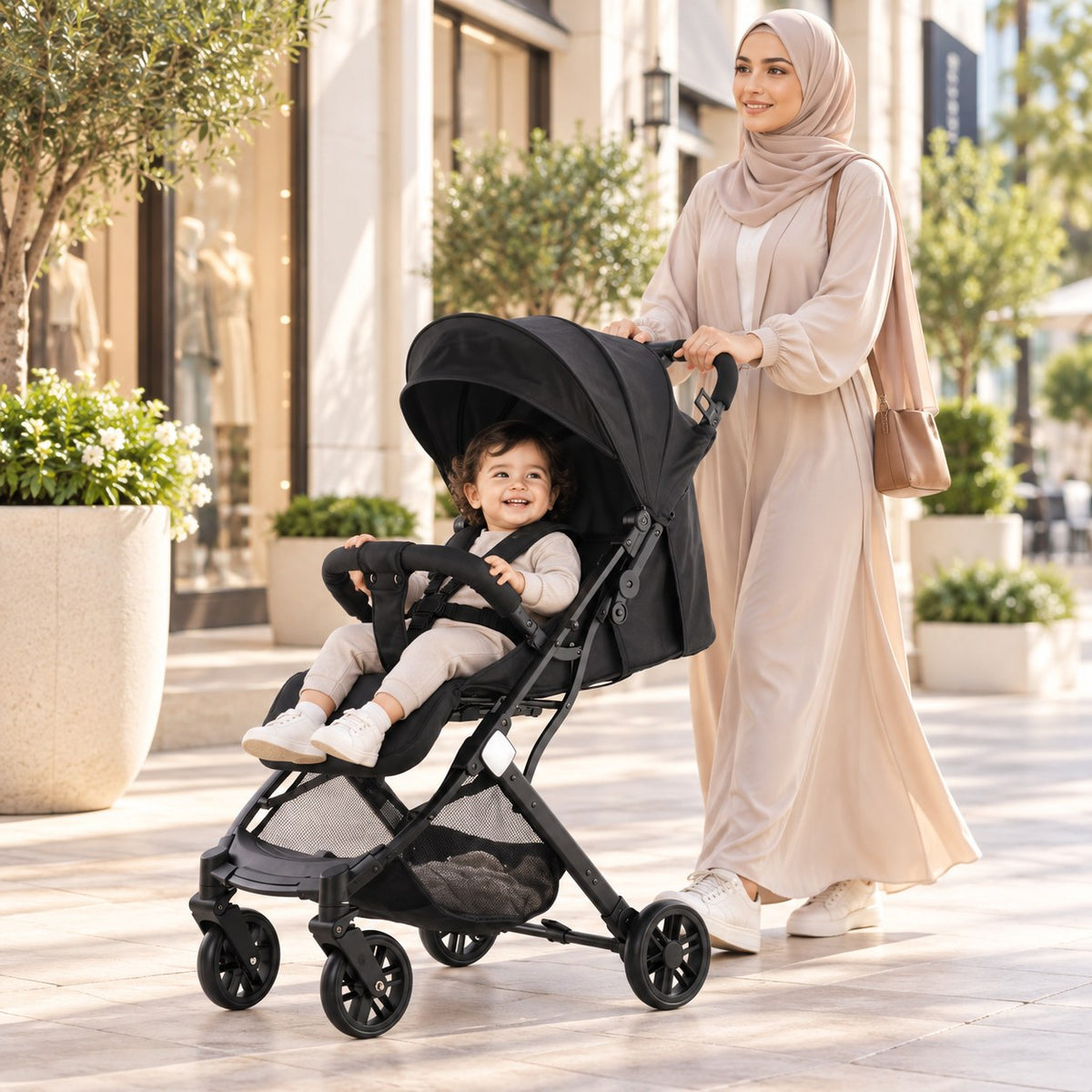Maman promenant son enfant dans la poussette valise cabine noire