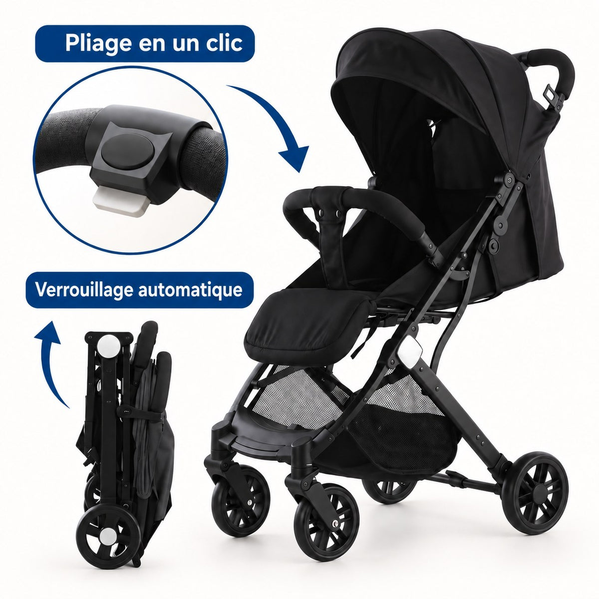 Bouton de pliage en un clic et verrouillage automatique de la poussette