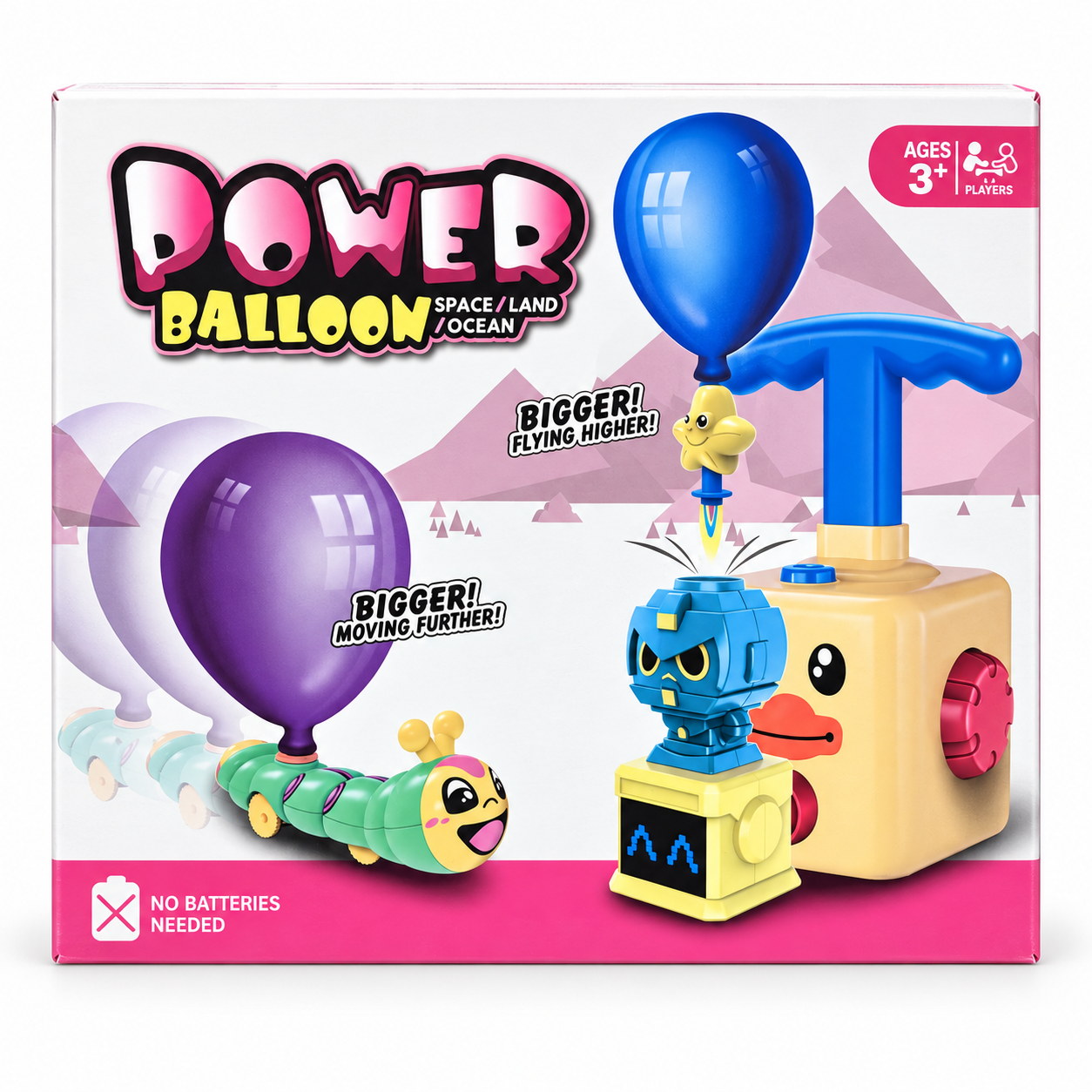 Boîte du jouet Power Balloon : station-pompe, véhicule chenille et fusée propulsés par ballon, dès 3 ans