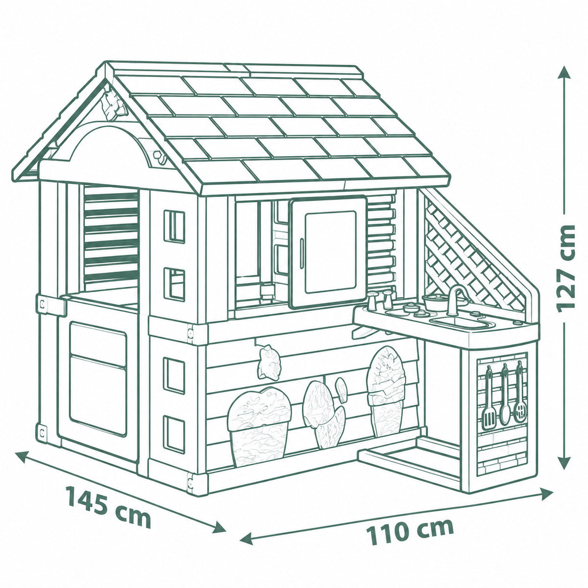 Schéma des dimensions de la Maison Pretty Smoby : 145 × 110 × 127 cm