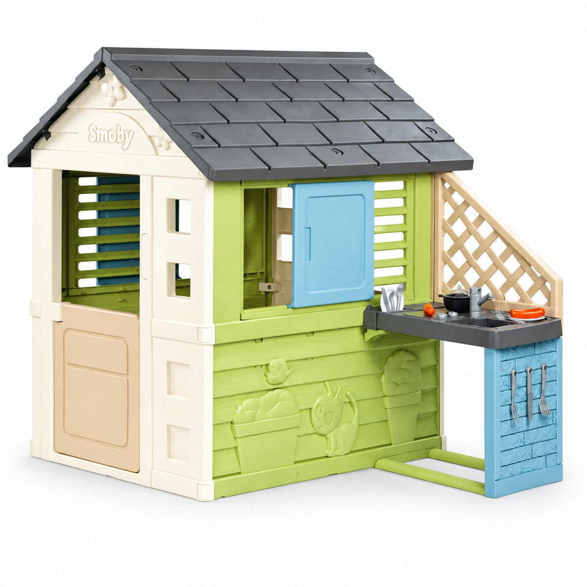 Maison Pretty Smoby Life : cabane de jardin vert anis et beige à toit anthracite avec cuisine d'été bleue