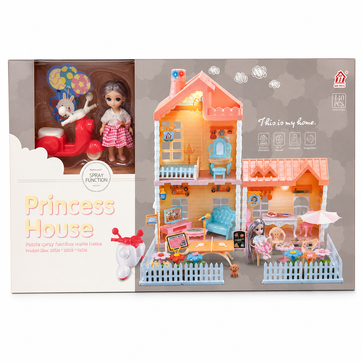 Boîte Princess House 140 pièces : maison de poupée à monter avec cheminée à vapeur, poupée, scooter et jardin, dès 3 ans