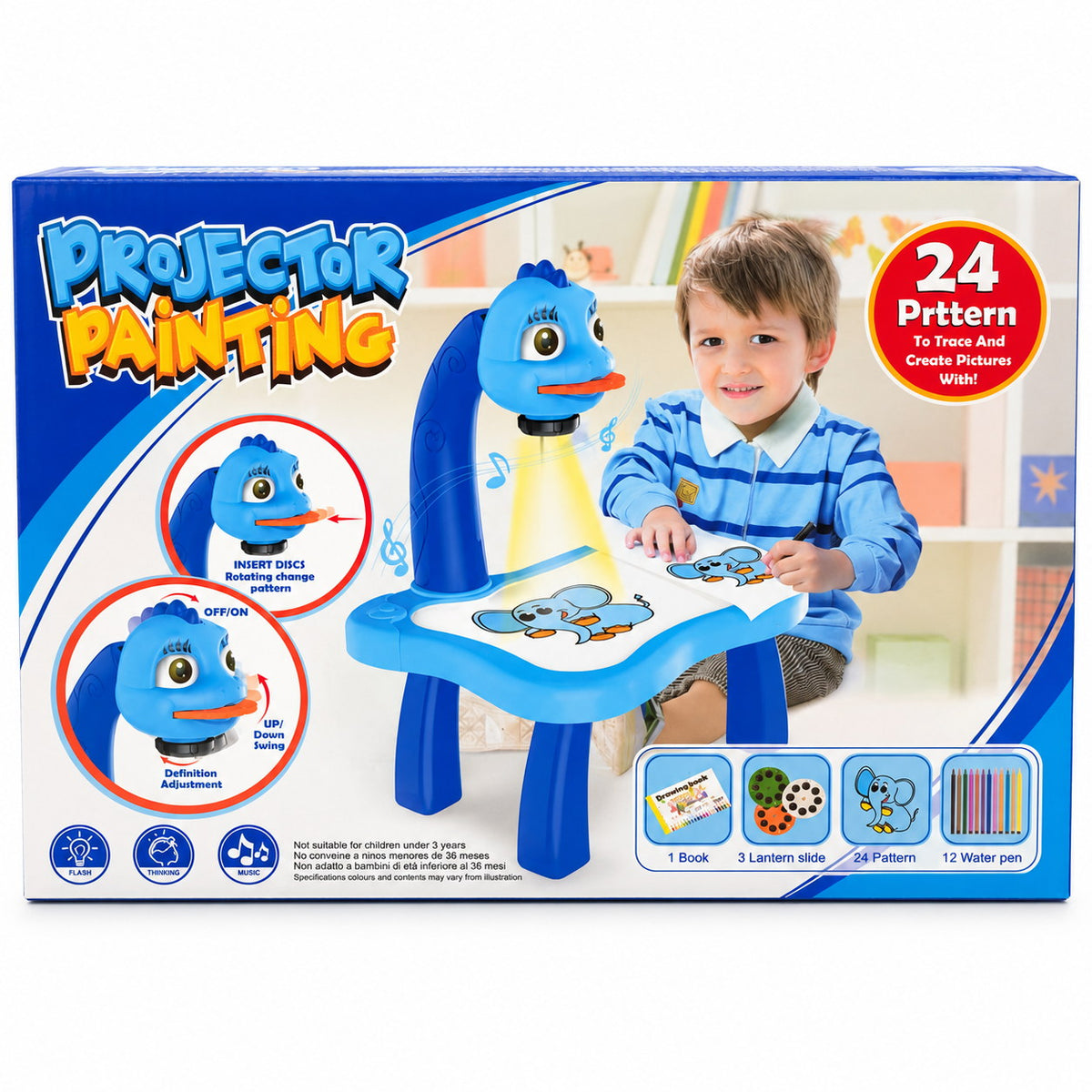 Coffret Projector Painting bleu : table à dessin avec bras projecteur dinosaure, 3 disques, carnet et 12 feutres, dès 3 ans