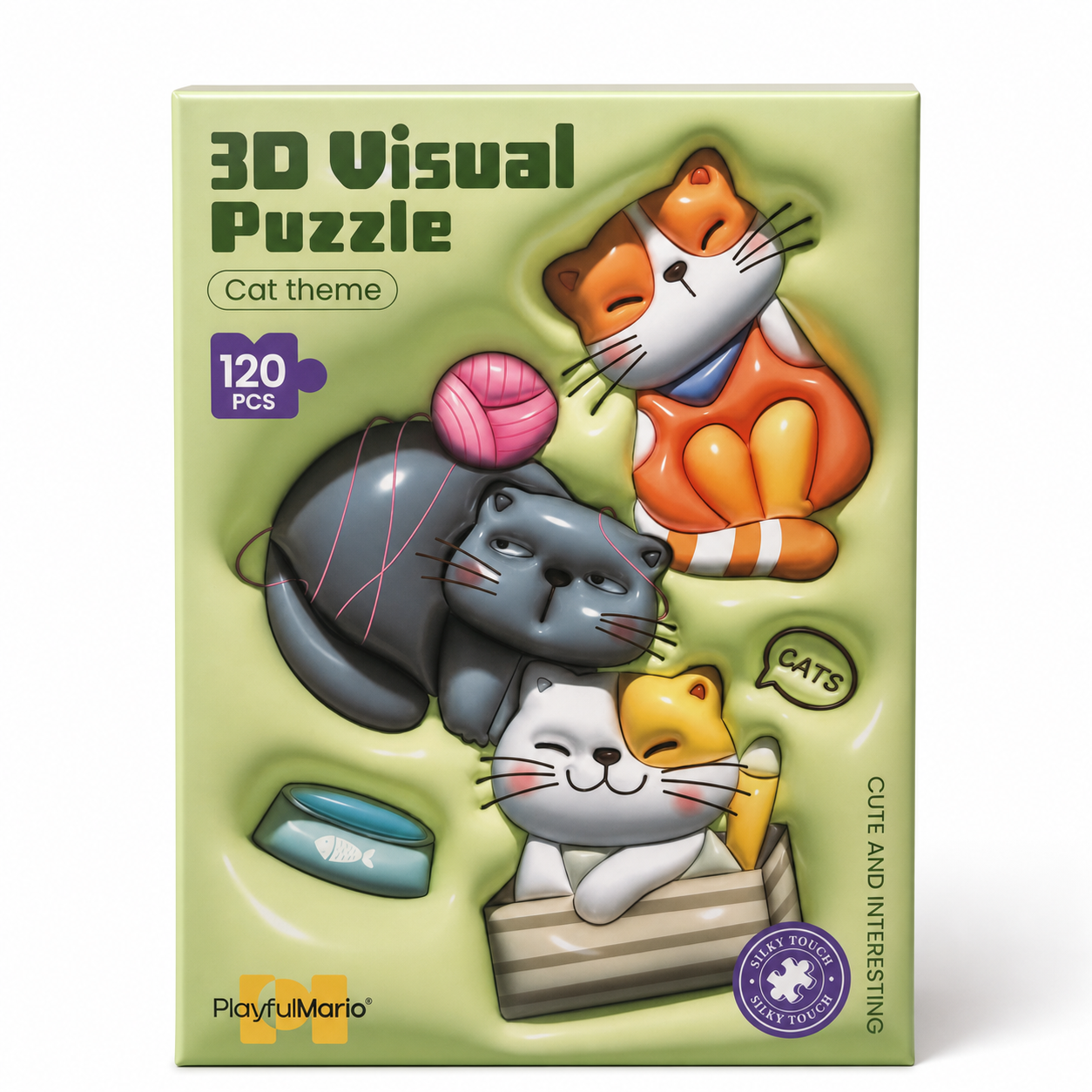 Boîte du Puzzle 3D Visual PlayfulMario thème chats, 120 pièces, avec trois chats en relief et une pelote de laine