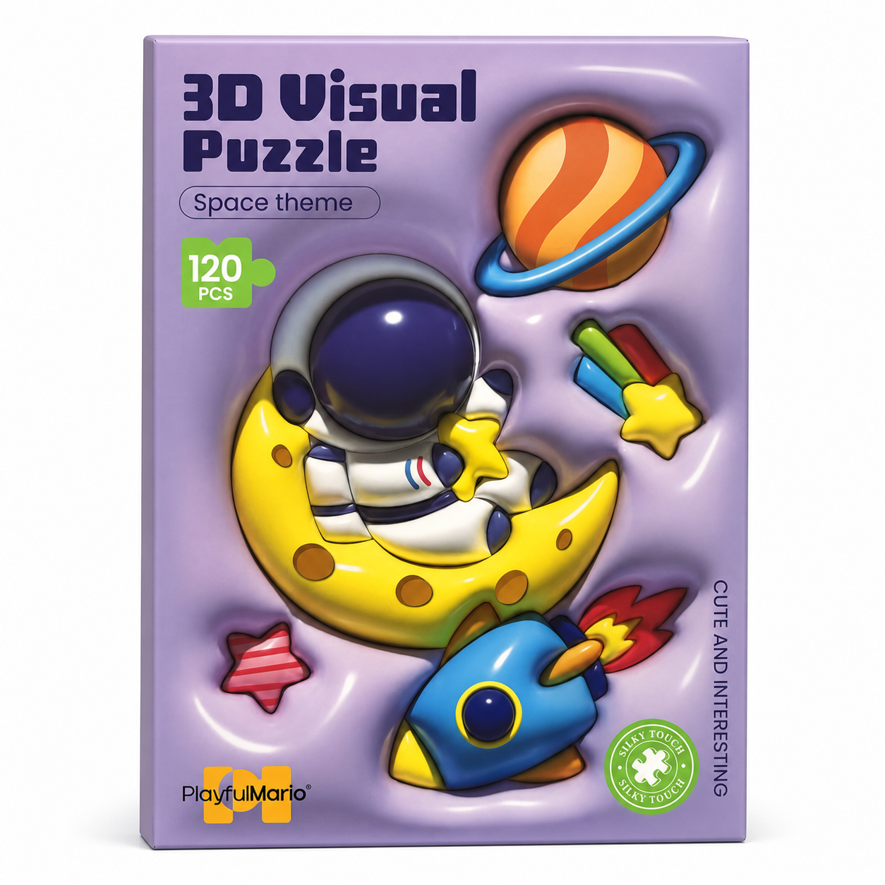 Boîte du Puzzle 3D Visual PlayfulMario thème espace, 120 pièces, avec astronaute sur la lune, fusée et planète en relief