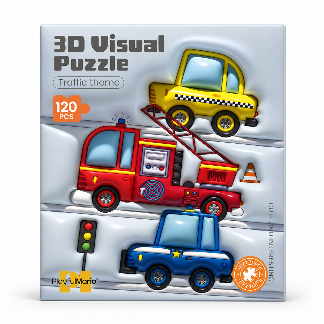 Puzzle 3D Visual thème véhicules 120 pièces PlayfulMario avec camion de pompiers, taxi et voiture de police en relief
