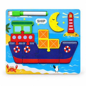 Puzzle en bois à encastrement Bateau avec phare et lune, feutre effaçable clipsé, dès 3 ans