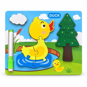 Puzzle en bois à encastrement Canard sur la mare avec sapin et feutre effaçable clipsé, dès 3 ans