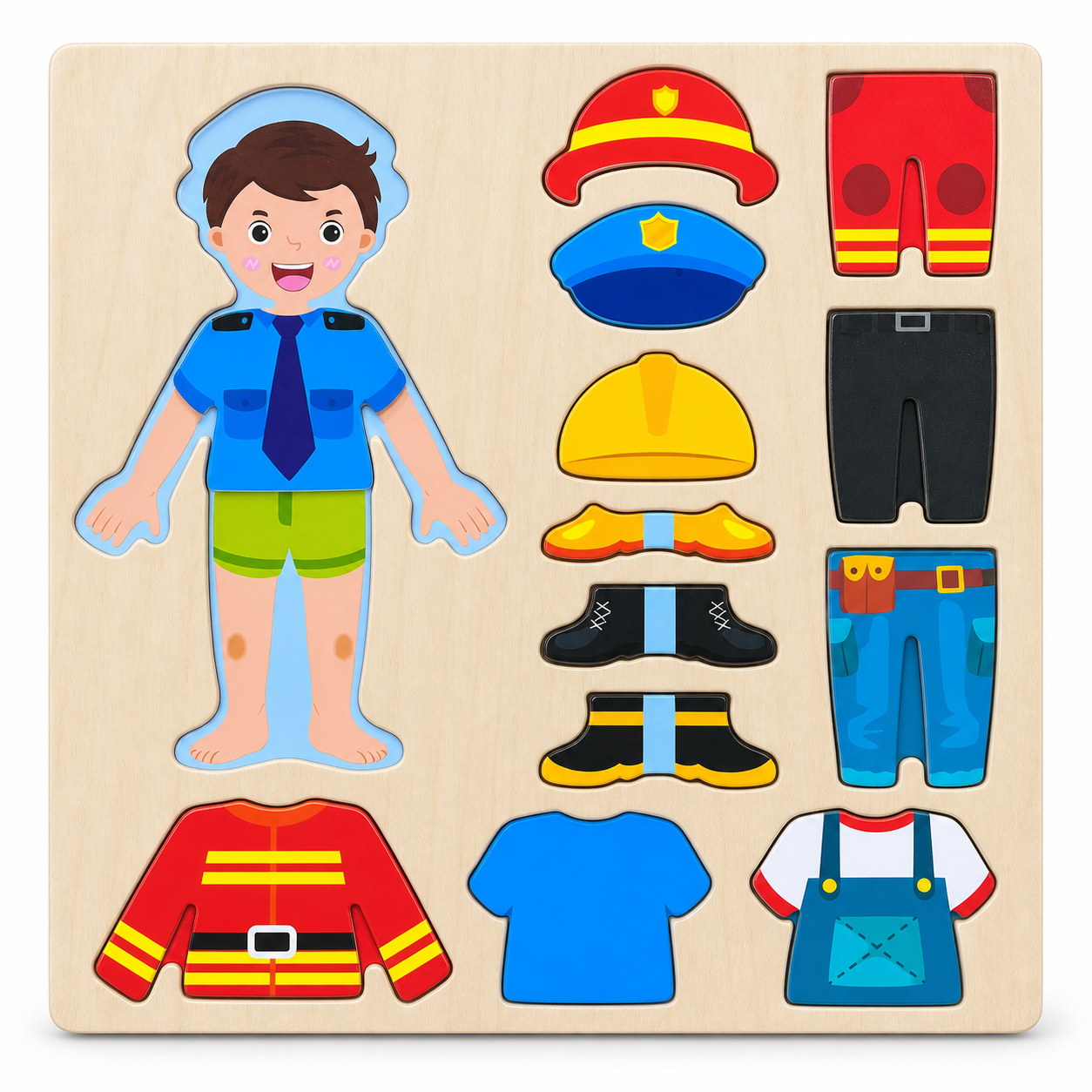 Puzzle en bois à habiller : personnage et vêtements de pompier, policier et bricoleur à encastrer