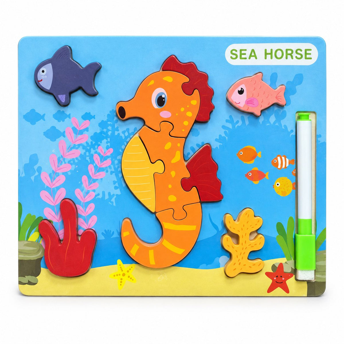 Puzzle en bois à encastrement Hippocampe sur décor de fond marin avec feutre effaçable clipsé, dès 3 ans