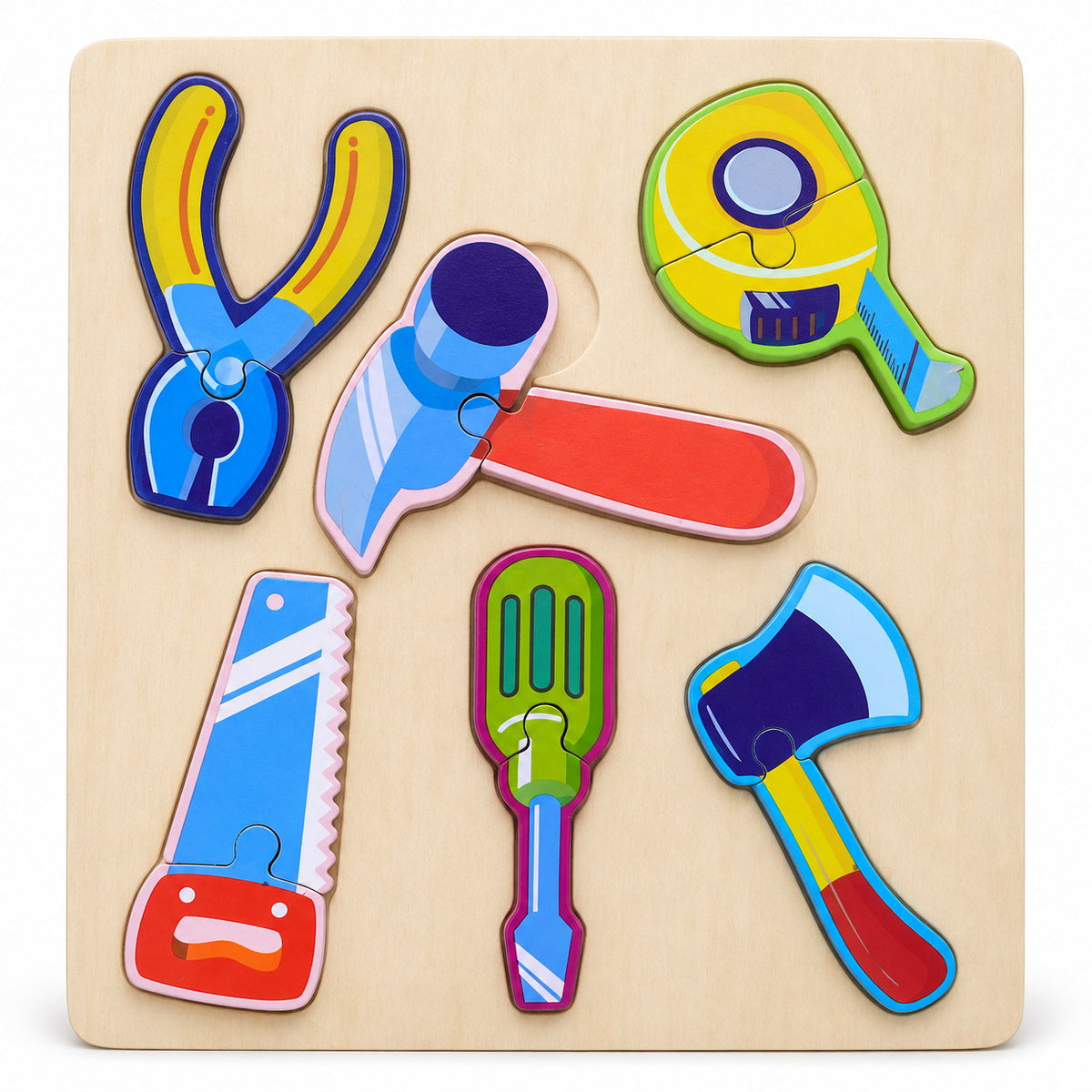 Puzzle en bois à encastrer avec 6 outils colorés : marteau, scie, pince, tournevis, hache et mètre