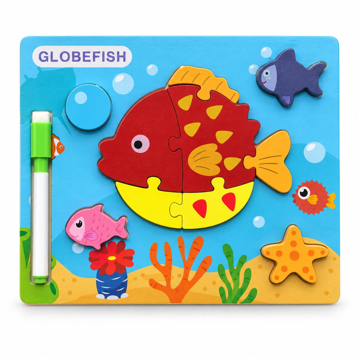 Puzzle en bois à encastrement Poisson-globe sur décor de fond marin avec feutre effaçable clipsé, dès 3 ans