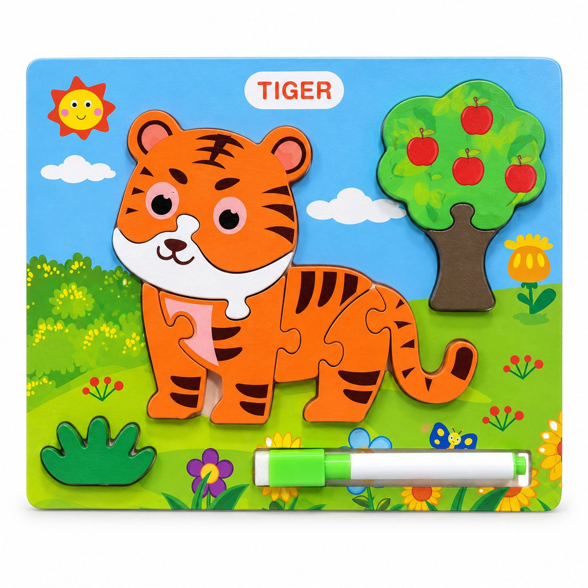 Puzzle en bois à encastrement Tigre sur décor de prairie avec pommier et feutre effaçable clipsé, dès 3 ans