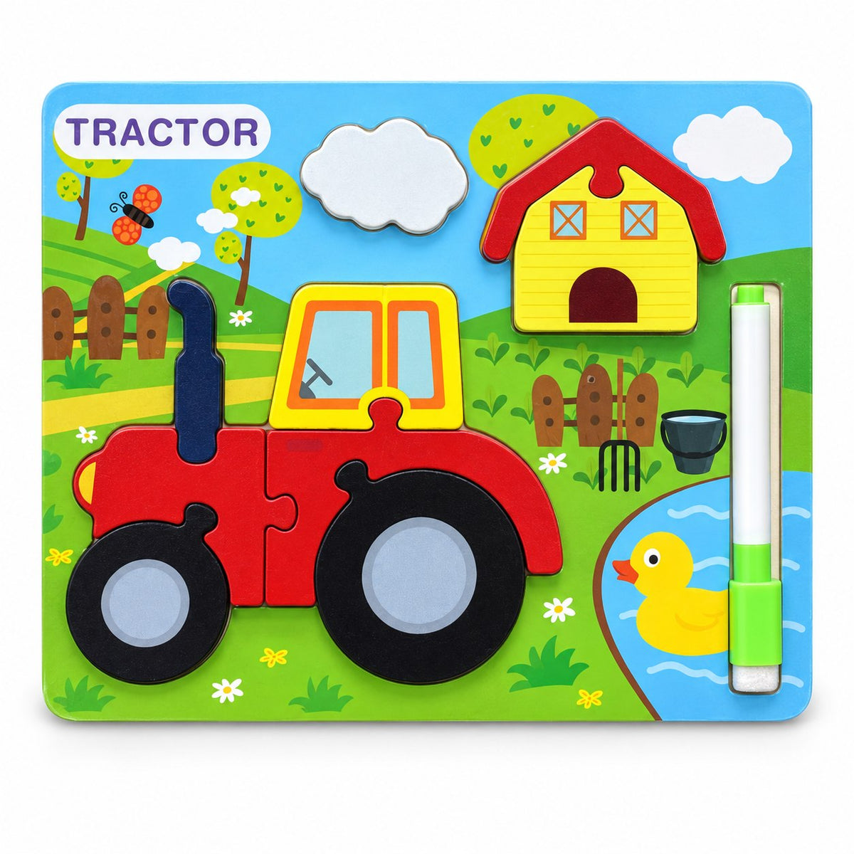 Puzzle en bois à encastrement Tracteur rouge sur décor de ferme avec feutre effaçable clipsé, dès 3 ans
