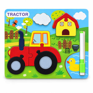 Puzzle en bois à encastrement Tracteur rouge sur décor de ferme avec feutre effaçable clipsé, dès 3 ans