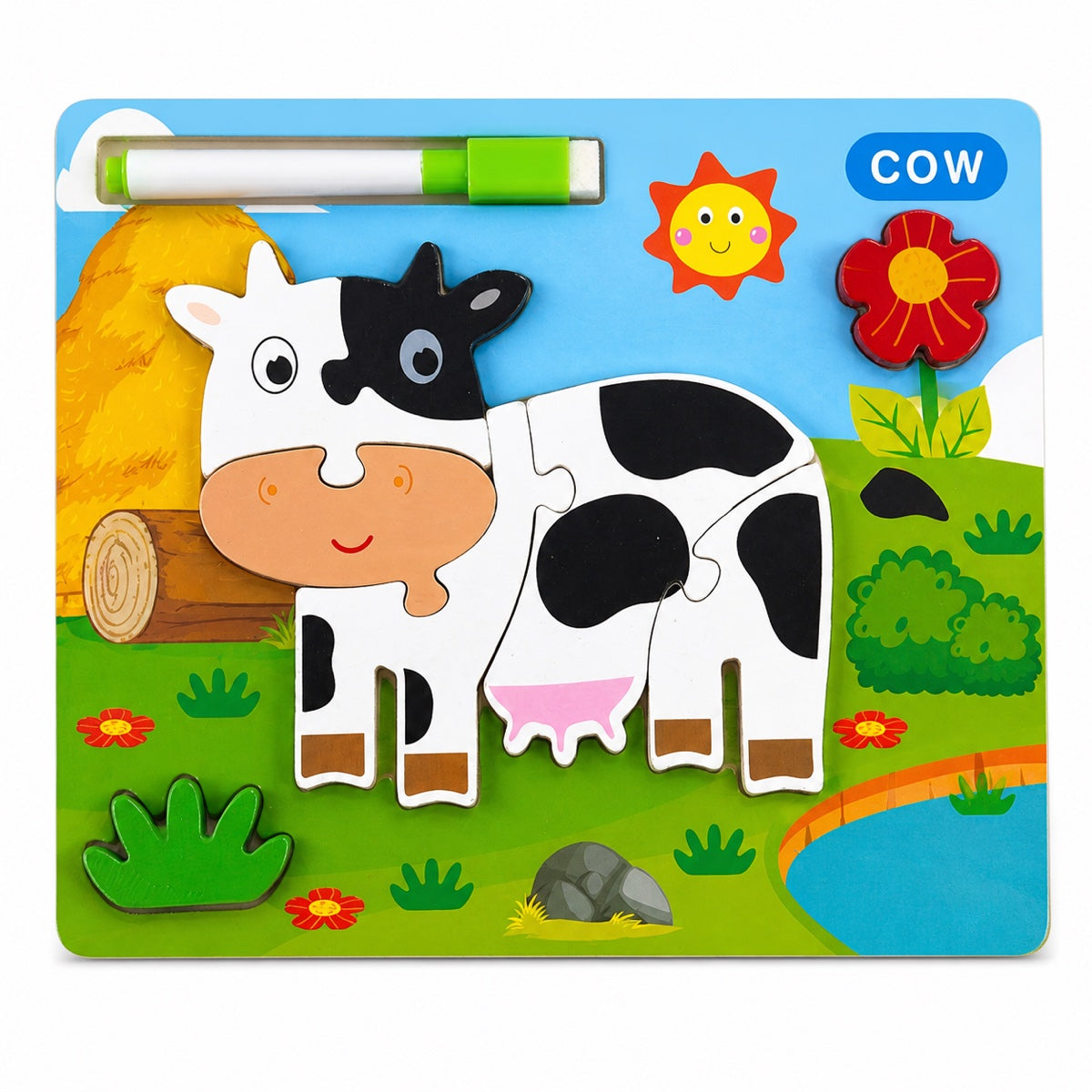 Puzzle en bois à encastrement La Vache sur décor de ferme avec feutre effaçable clipsé, dès 3 ans