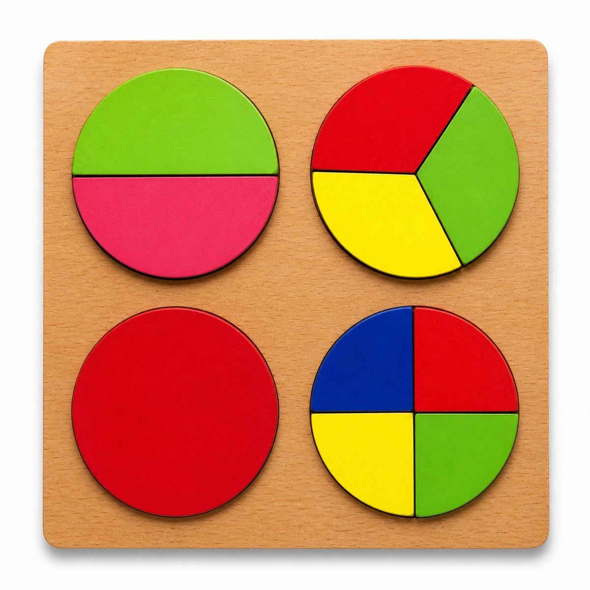 Puzzle des fractions en bois — 4 cercles colorés : entier, moitié, tiers et quart sur plateau en bois