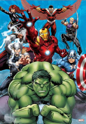 Illustration du puzzle Avengers terminé : Hulk au premier plan entouré des super-héros Marvel