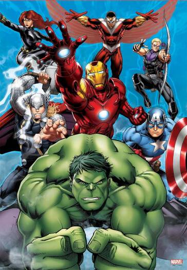 Illustration du puzzle Avengers terminé : Hulk au premier plan entouré des super-héros Marvel