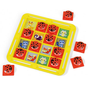 Plateau jaune Fantamemo avec ses 16 couvercles rouges en forme de coccinelle