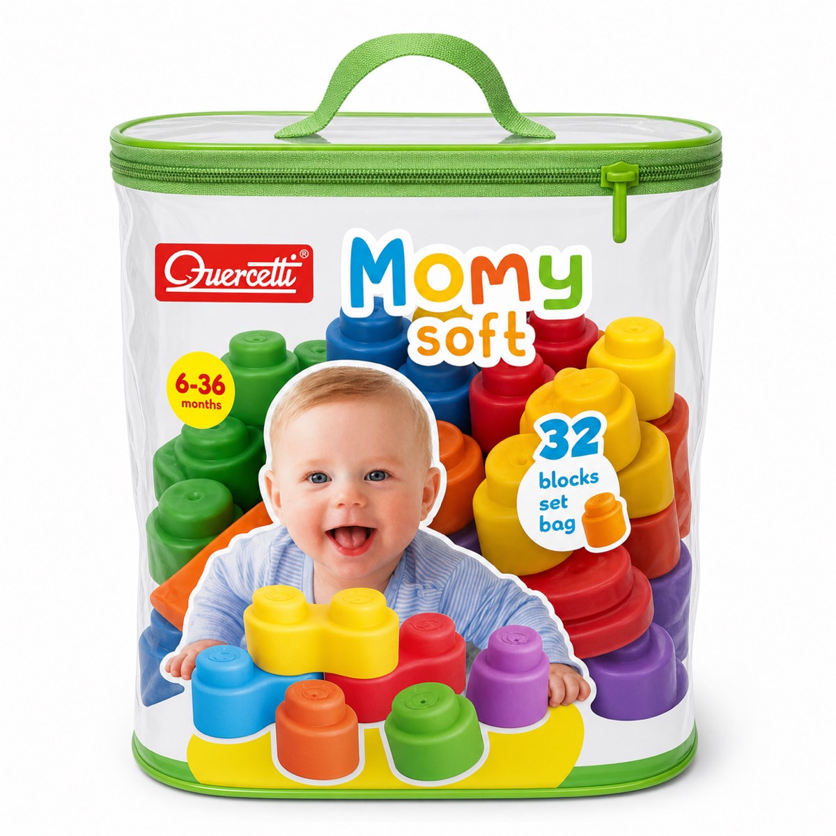 Quercetti Momy Soft — sac zippé transparent avec 32 blocs de construction souples colorés, dès 6 mois