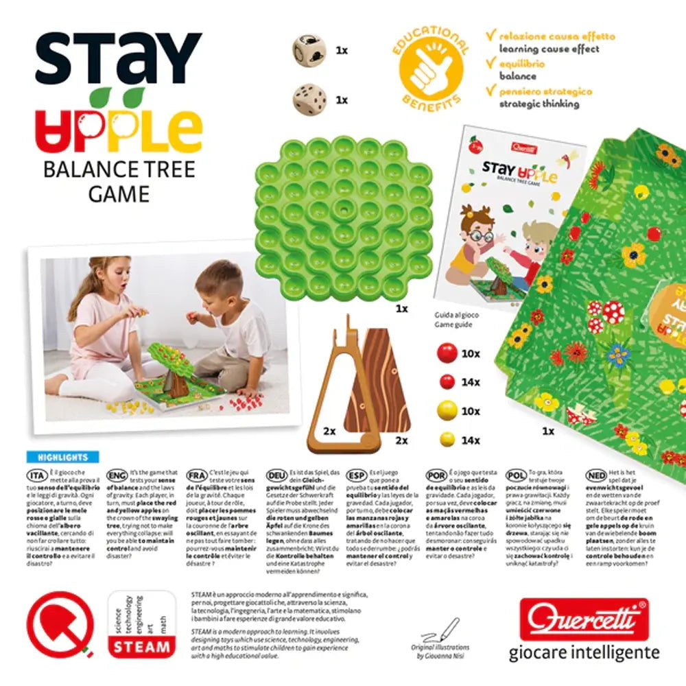 Contenu de la boîte Stay Apple : couronne, tronc, 48 pommes, 2 dés et plateau