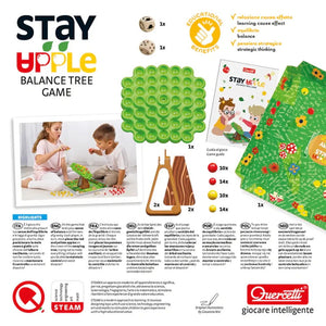 Contenu de la boîte Stay Apple : couronne, tronc, 48 pommes, 2 dés et plateau