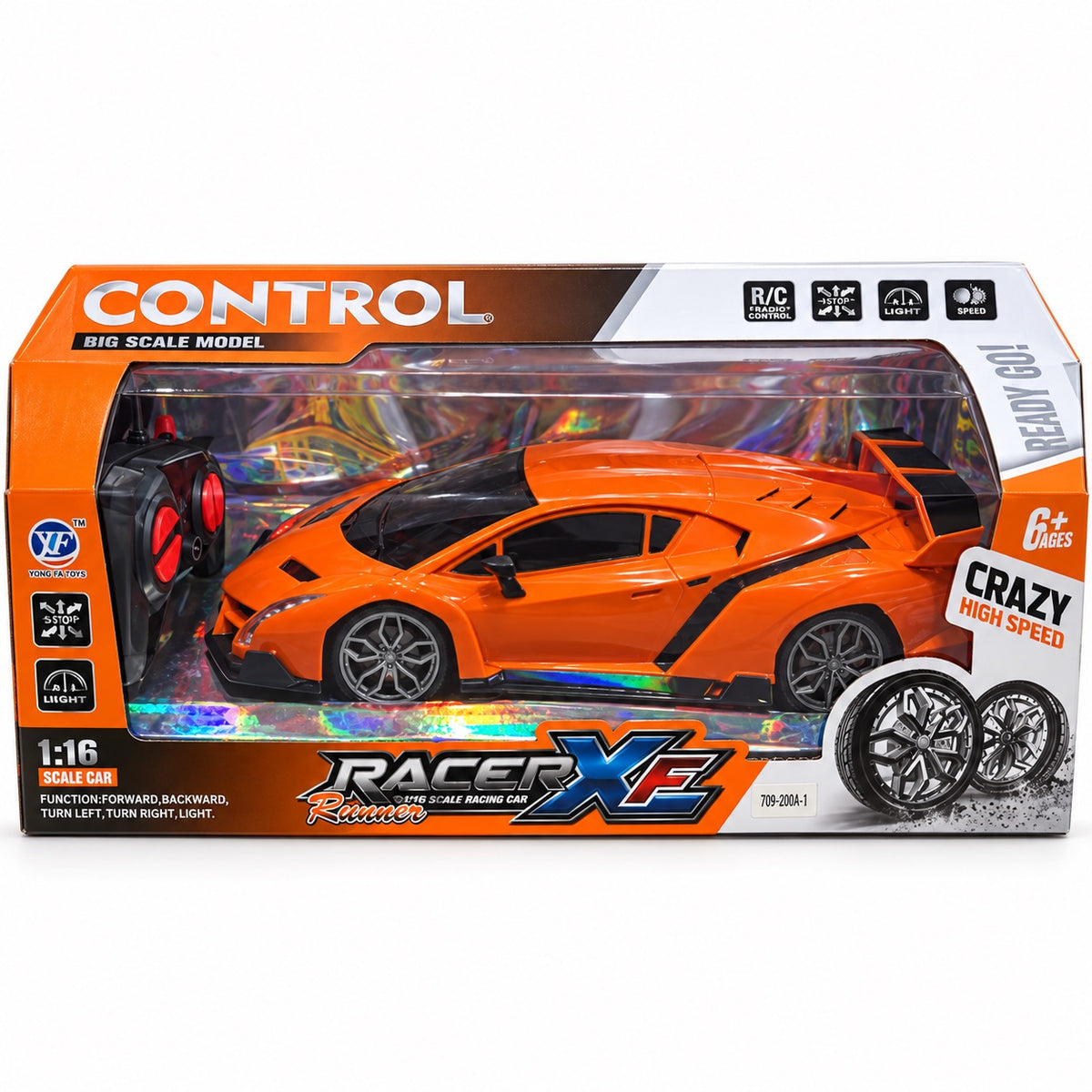 Boîte de la supercar radiocommandée Racer XE orange à l'échelle 1:16 avec télécommande