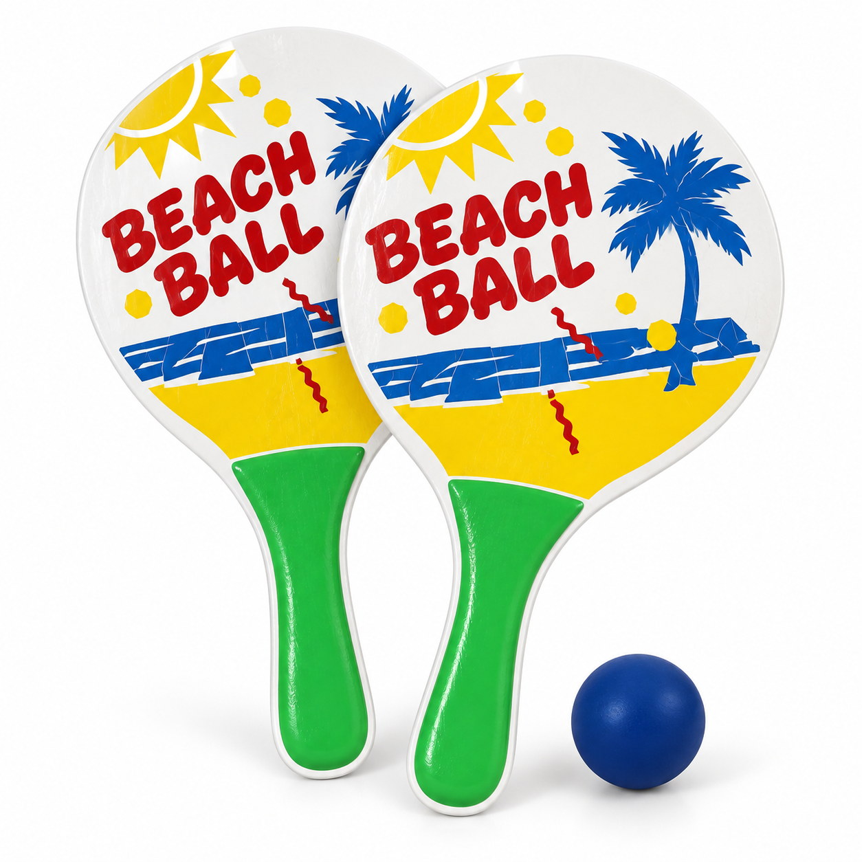 Raquettes de plage en bois décor Beach Ball avec poignée verte et balle bleue