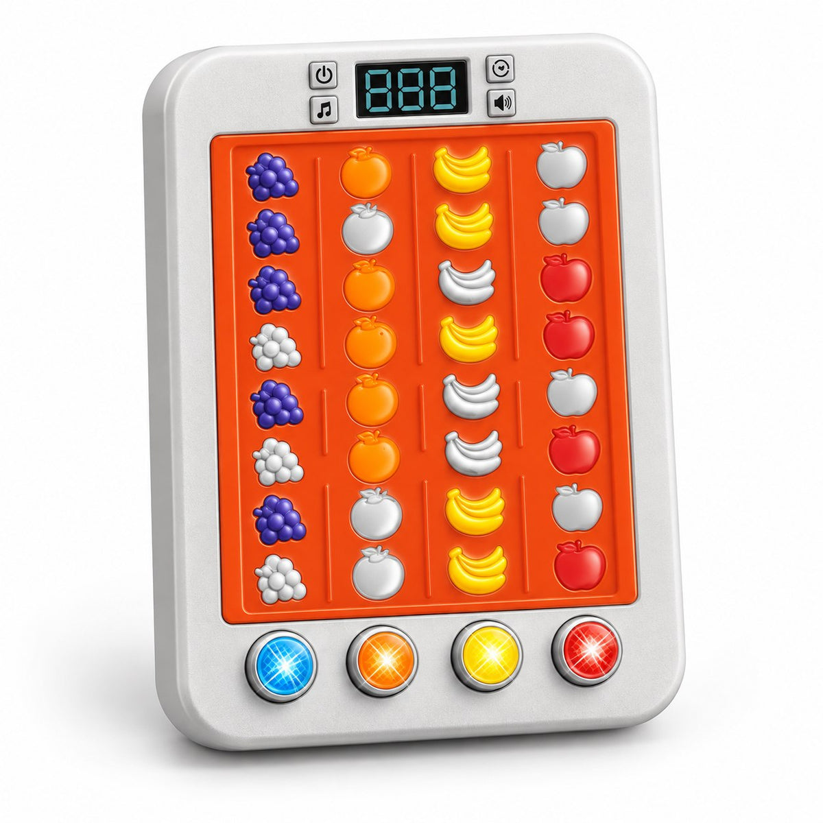 Jeu de réflexes électronique Reactivity Challenge orange : 32 fruits lumineux en 4 colonnes, écran digital et 4 touches de jeu colorées