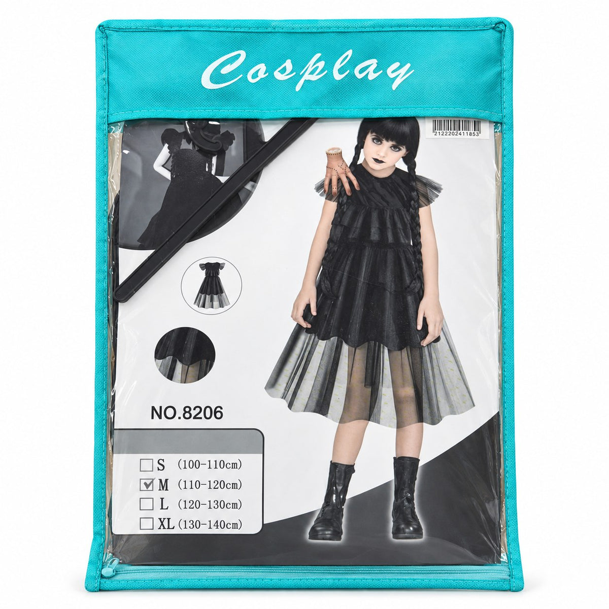 Déguisement robe gothique noire à volants de tulle pour fille dans sa pochette zippée, tailles S à XL de 100 à 140 cm