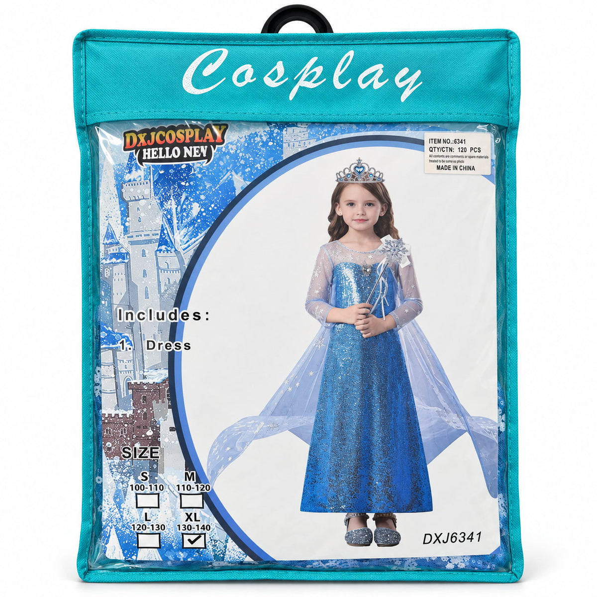 Robe de princesse des neiges bleue à cape pailletée dans sa housse Cosplay, tableau des tailles S à XL — couronne et baguette non fournies