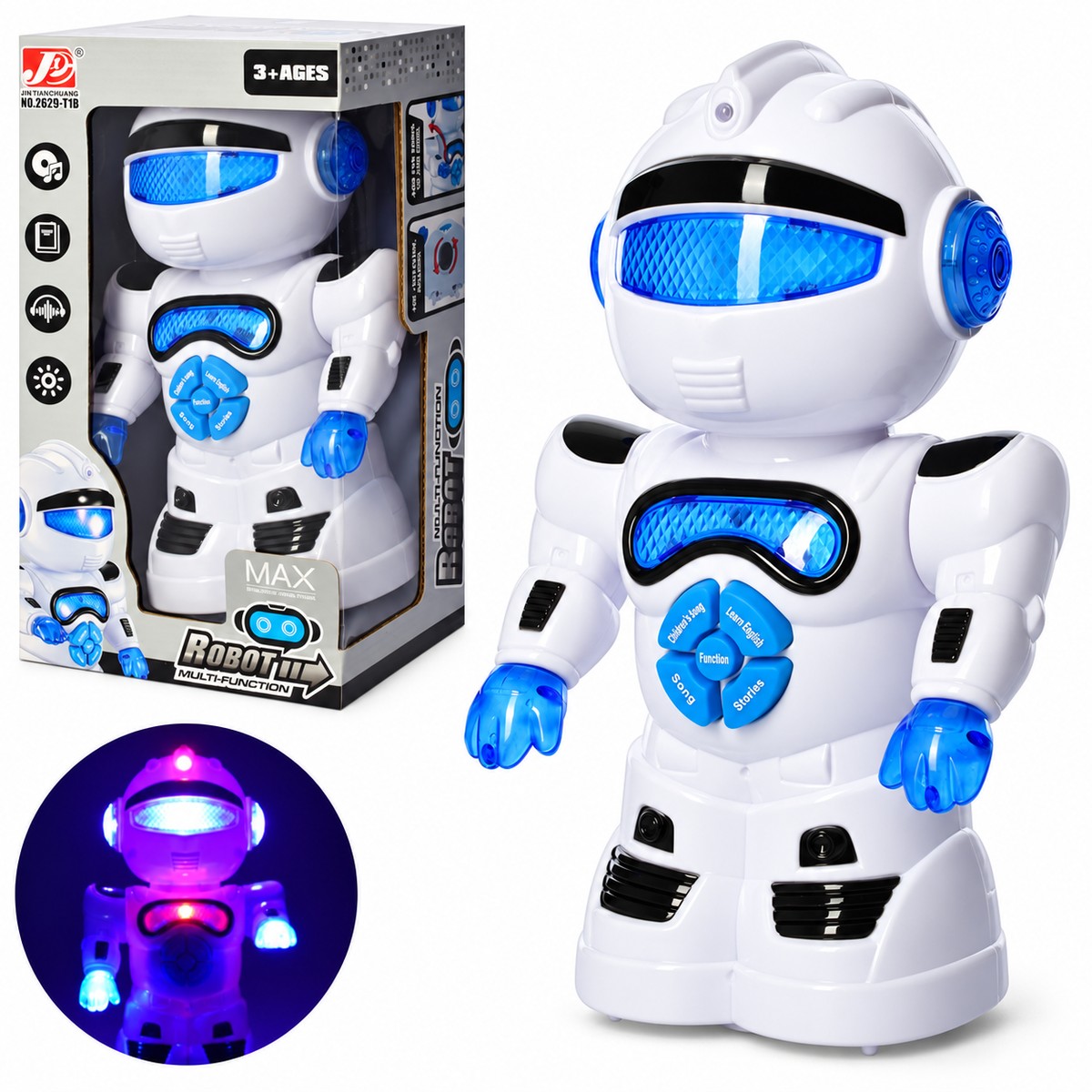 Robot éducatif multifonction blanc et bleu avec sa boîte, lumières LED et 5 boutons, dès 3 ans