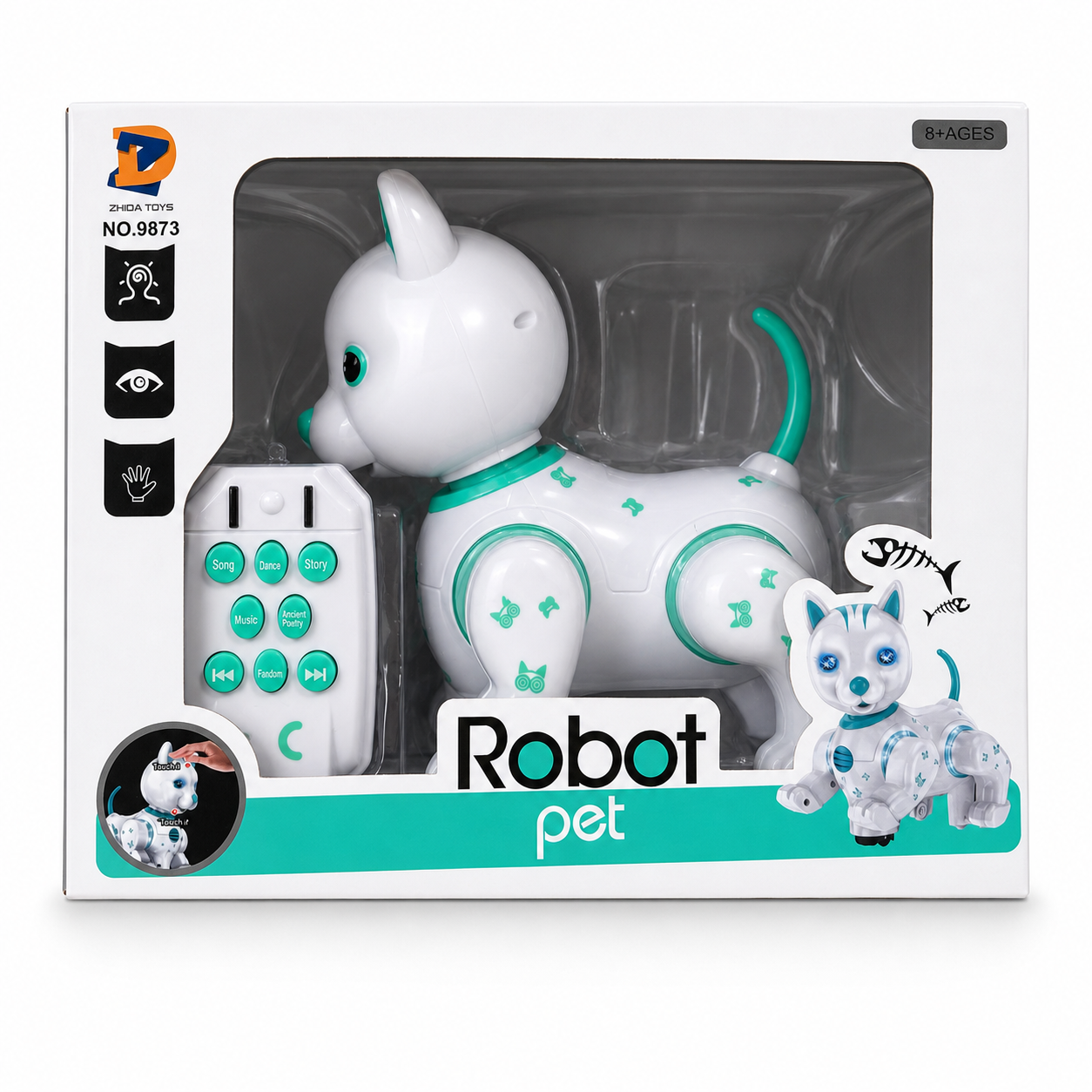 Robot Pet : chat robot interactif blanc et vert d'eau avec télécommande 8 touches, dans sa boîte