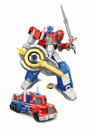 Robot transformable rouge, bleu et argent de 29 cm avec son épée et son bouclier, et sa forme camion