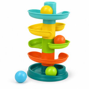 Roll Ball tour à balles 8 pièces : 4 rampes en spirale turquoise, jaune, verte et orange sur socle avec 3 balles colorées