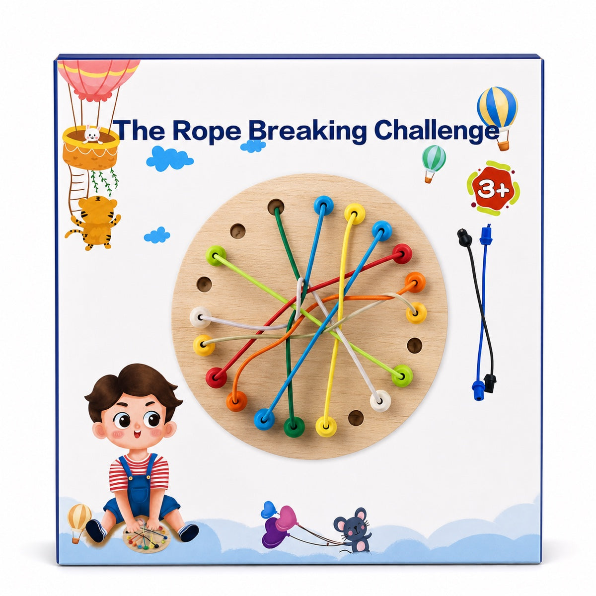 Boîte The Rope Breaking Challenge : plateau rond en bois percé avec cordons élastiques colorés tendus, dès 3 ans
