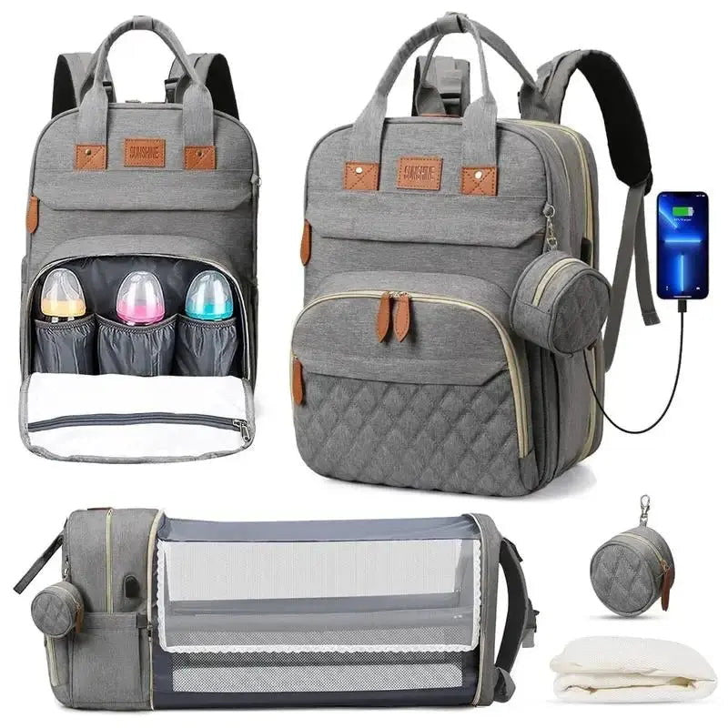 Détails du sac à langer : 3 poches isothermes à biberons, port USB et étui à tétine