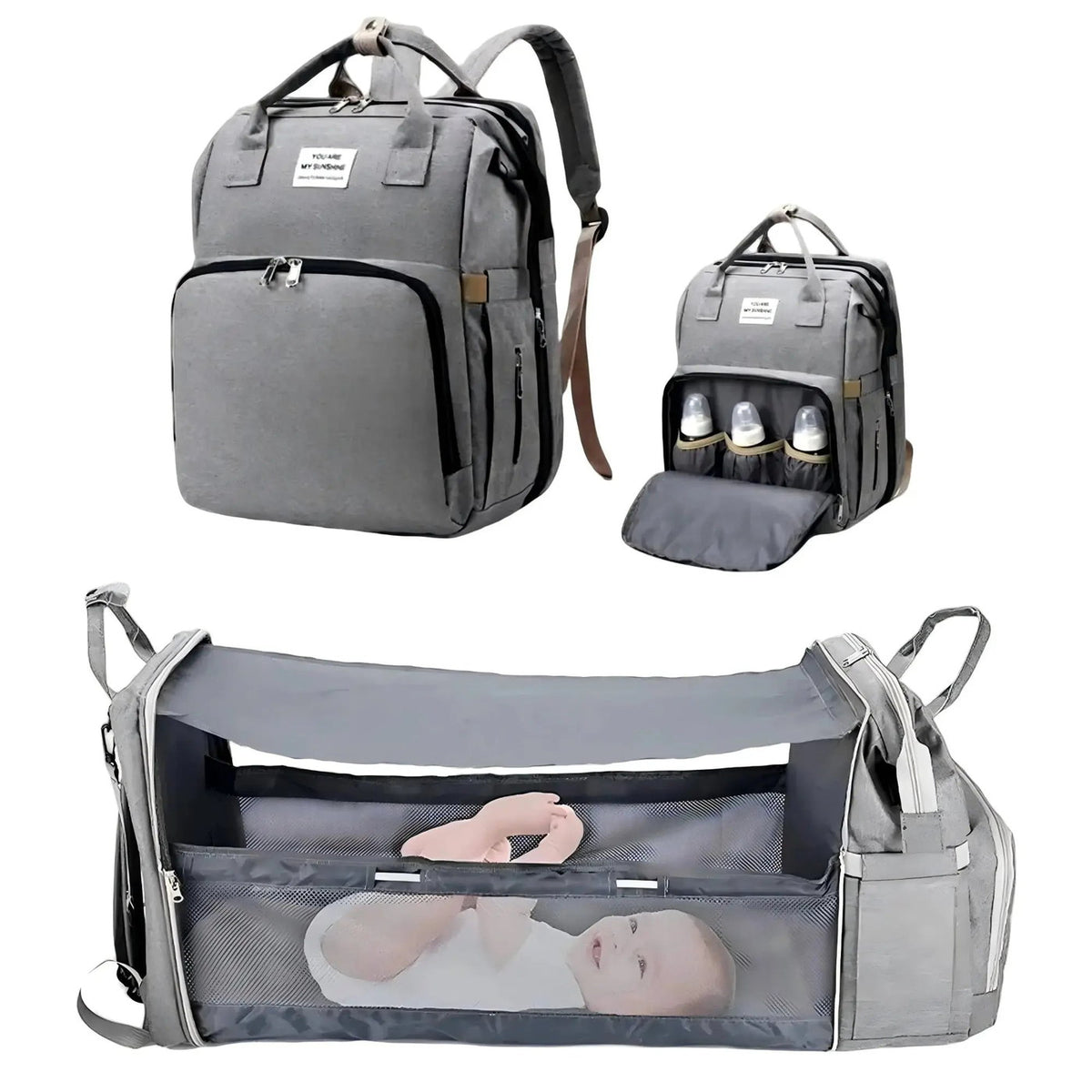 Sac à langer 3 en 1 gris, sac à dos et lit d'appoint déplié avec moustiquaire