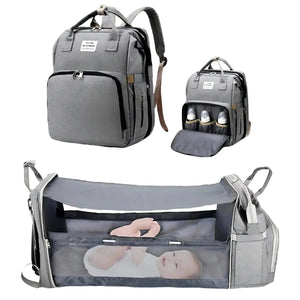 Sac à langer 3 en 1 gris, sac à dos et lit d'appoint déplié avec moustiquaire
